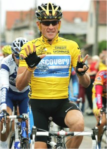 Lance Armstrong holds up seven fingers in 2005 to signal his seven Tour de France victories