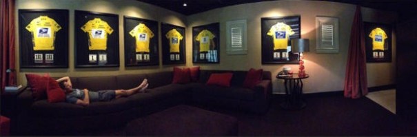 Lance Armstrong relaxes at his home in Austin, Texas, with his Seven Tour de France Jerseys