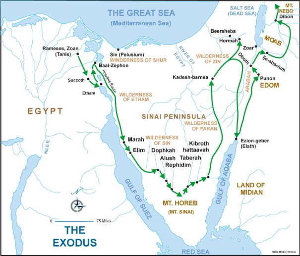 Map of the Exodus from Egypt to the Holy Land, courtesy of Bible-History.com