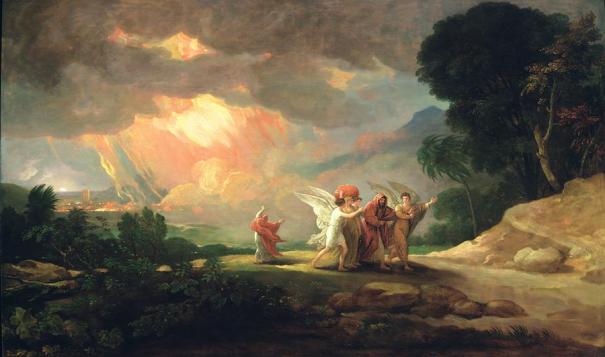 Lot Fleeing from Sodom, by American artist Benjamin West, oil on panel, 1810