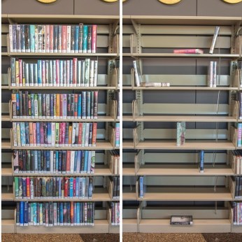 Near-empty library shelves - Pflugerville, Texas, Public Library demonstration