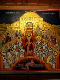 Icon from the Mégalo Metéoron Monastery in Greece, representing the First Ecumenical Council of Nikea 325 A.D., with the condemned Arius in the bottom of the icon.